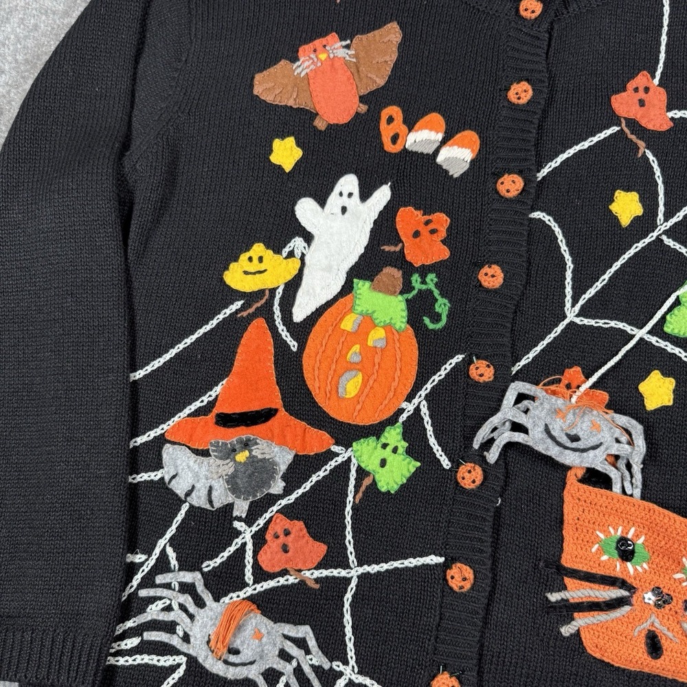 Halloween Cardigan Sweater Women's Large Black Spiders Ghosts Pumpkin Tiara Int - Picture 6 of 9